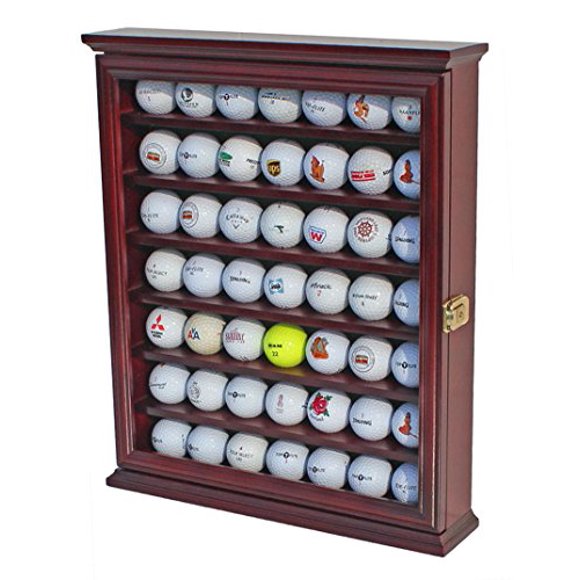 DisplayGifts 49 Golf Ball Display Case Cabinet Wall Rack Holder Stand w/98% UV Protection Lockable, Cherry Finish, Great Golfer's Gift