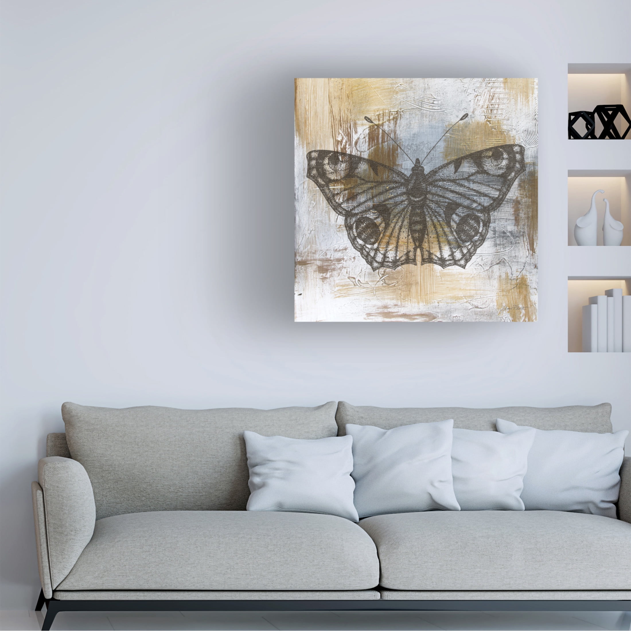 Canvas Wall Art - Jean Plout 'Gold And Grey Textures Butterfly A1' Wall Art for Living Room, Bedroom, or Office Décor by Trademark Fine Art - 14 x 14 Inches