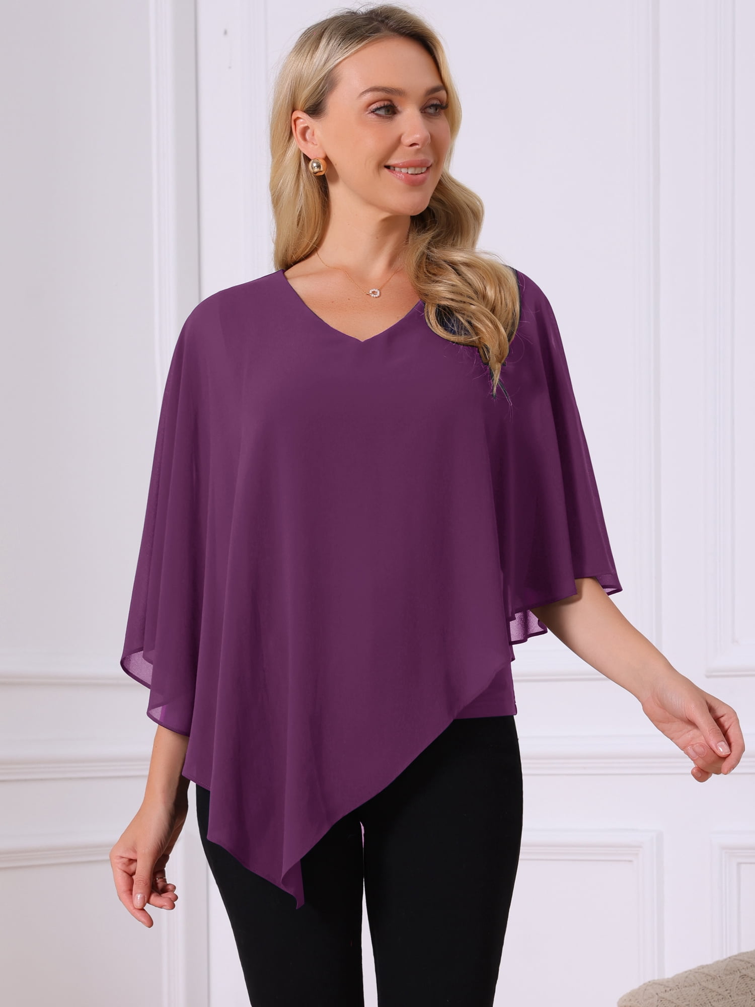 DARING DIVA Women's Flowy V Neck Chiffon Blouse Asymmetrical Top XL Purple