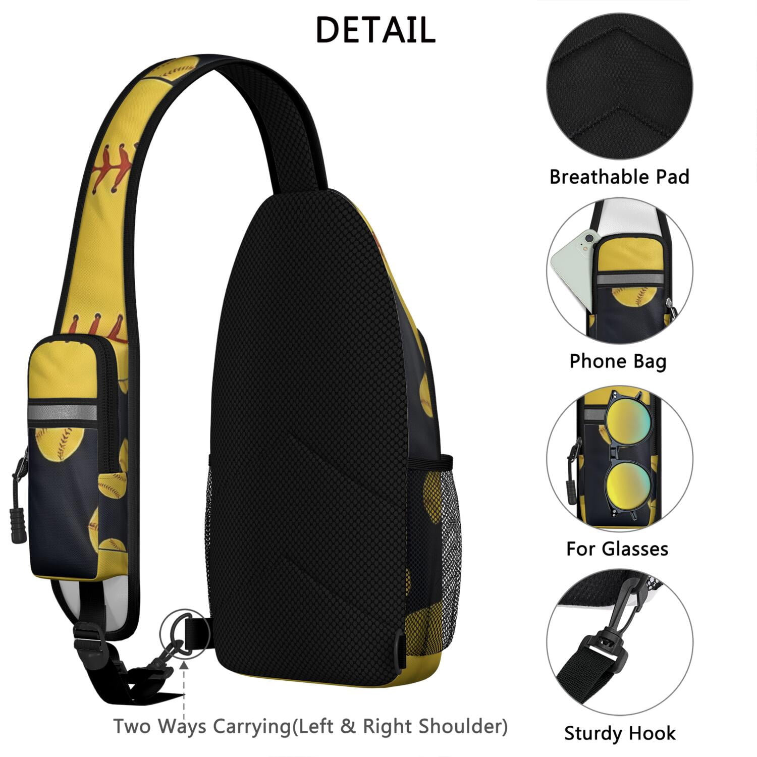 Baseball and Football Print Sling Bag for Boys – Lightweight Durable Polyester Crossbody Backpack with Secure Zippers, Large Compartments, Mesh Side Pockets for Training, Competition, and Outdoor Play