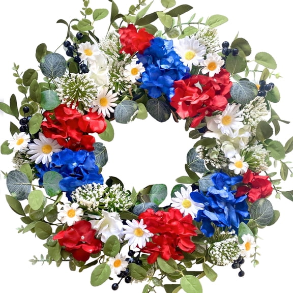 Idyllic 20" 4th of July Wreath for Front Door, Red White Blue Flowers with Black Berries