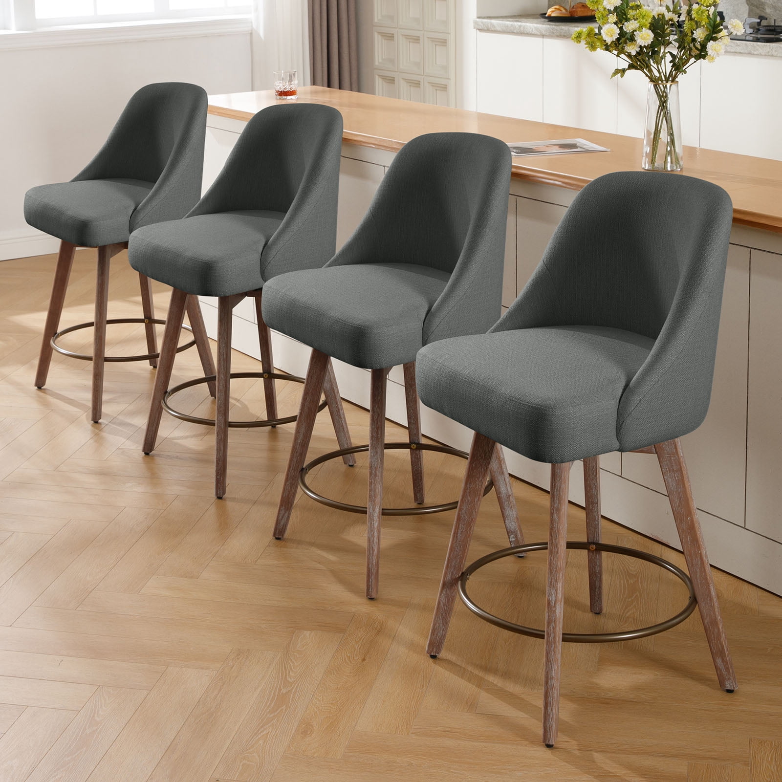 ANMINY Counter Height Bar Stools Set of 1, 26" Seat Height Upholstered Linen Fabric Swivel Barstools with Mid-Back Modern Chairs Island Stools for Home Bar Kitchen Pub