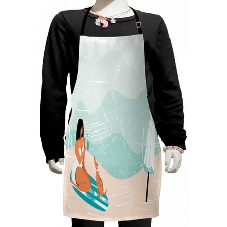

Graphic Beach Kids Apron Abstract Doodle of Girl and Her Dog at Seaside Retro Grunge Boys Girls Apron Bib with Adjustable Ties for Cooking Baking Painting Multicolor by Ambesonne