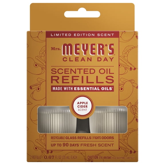 Mrs. Meyer's Clean Day Premium Scented Oil Plug-In Diffuser, Air Freshener Refills - Apple Cider- 0 .67 fl oz/2pk