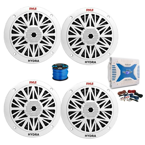 Pyle PLMRA430BT Marine Bluetooth 4-Channel 1000 Watt Amplifier w/Wiring Install Kit, 4x 6.5" 200W Full Range 2-Way Dual Cone Waterproof Marine Audio Speakers (White), 50 feet Wire