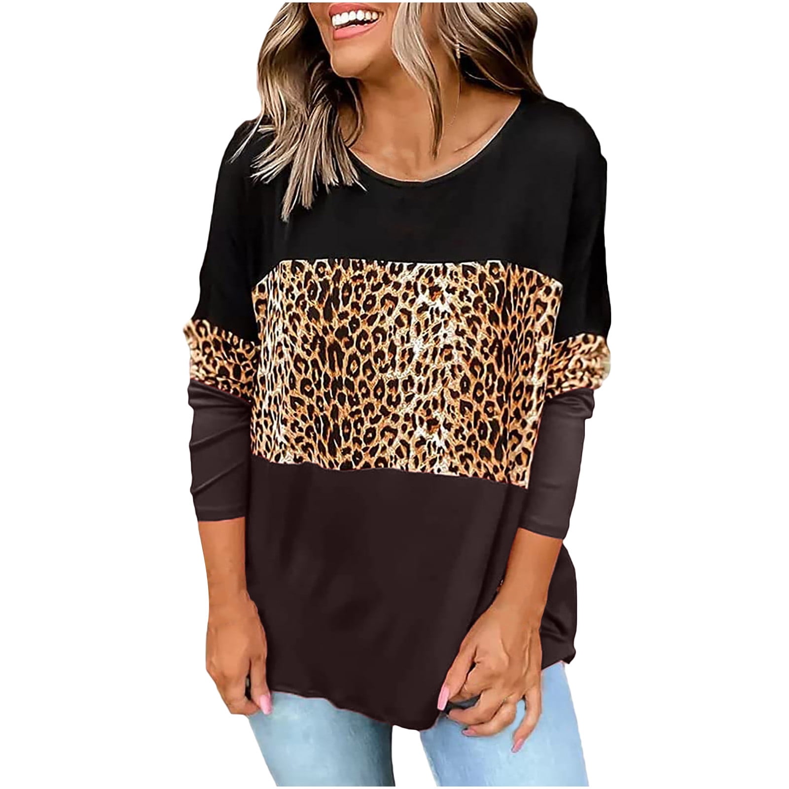 BLENCOT Womens Crewneck Leopard Striped Short Sleeve Tunics Shirts Loose Fit Blouses Tops 