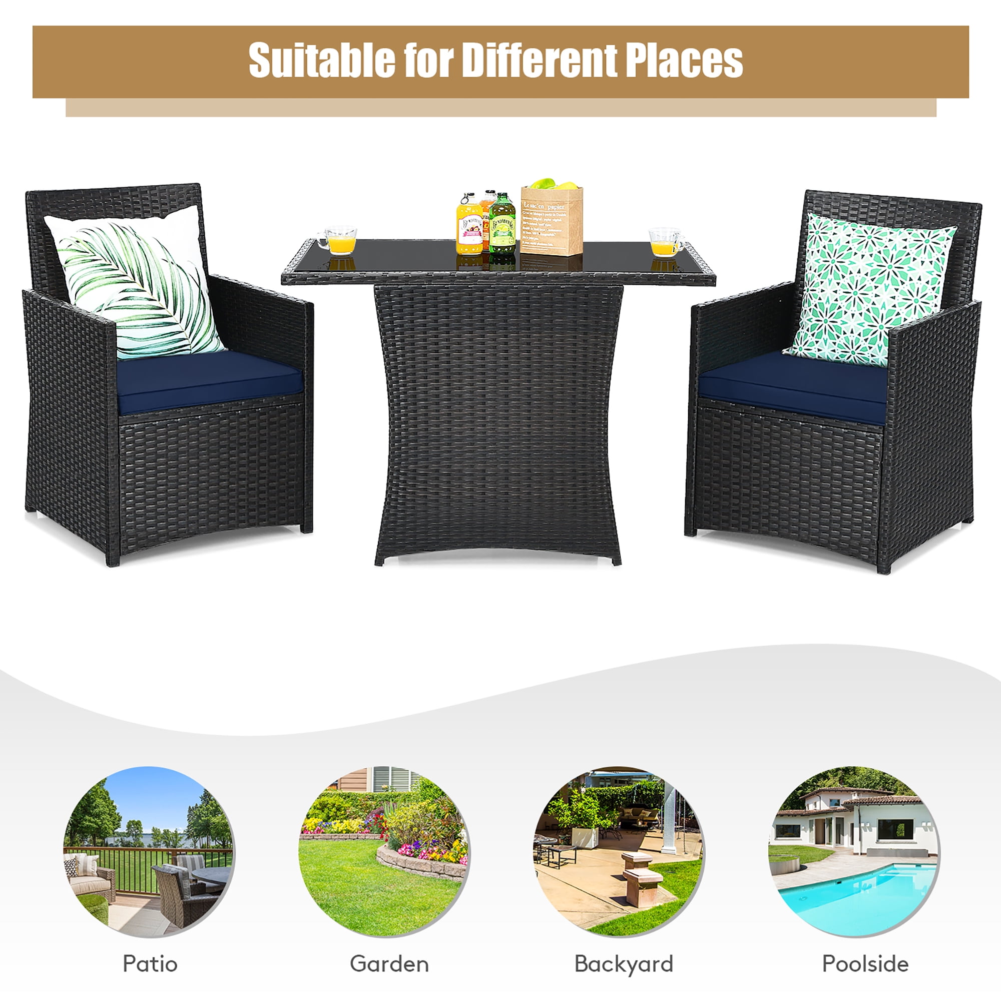 Costway 3PCS Patio Rattan Furniture Set Cushion Sofa Armrest Garden Deck Navy