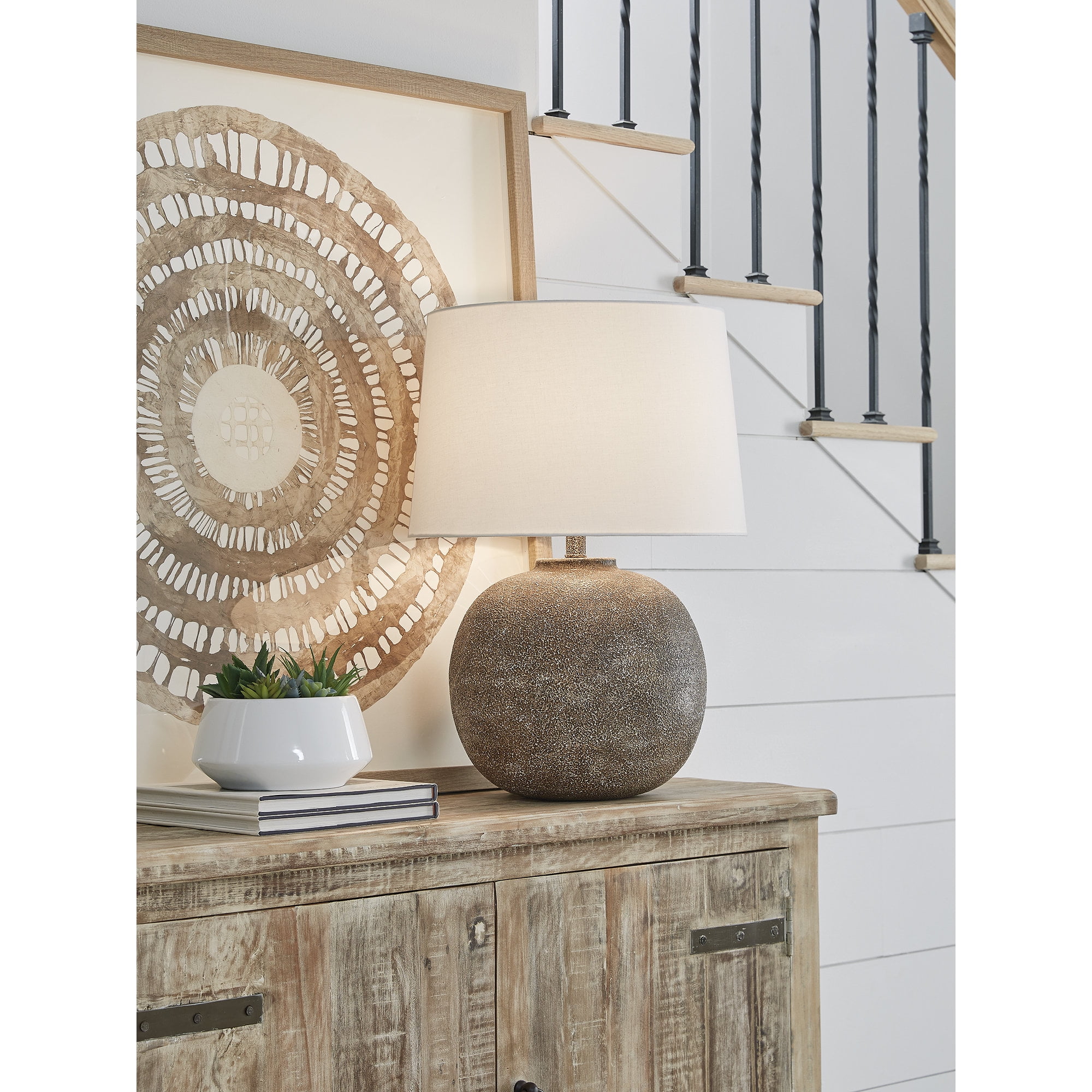Signature Design by Ashley Neavesboro Farmhouse Metal Table Lamp with Fabric Shade, Antique Brown