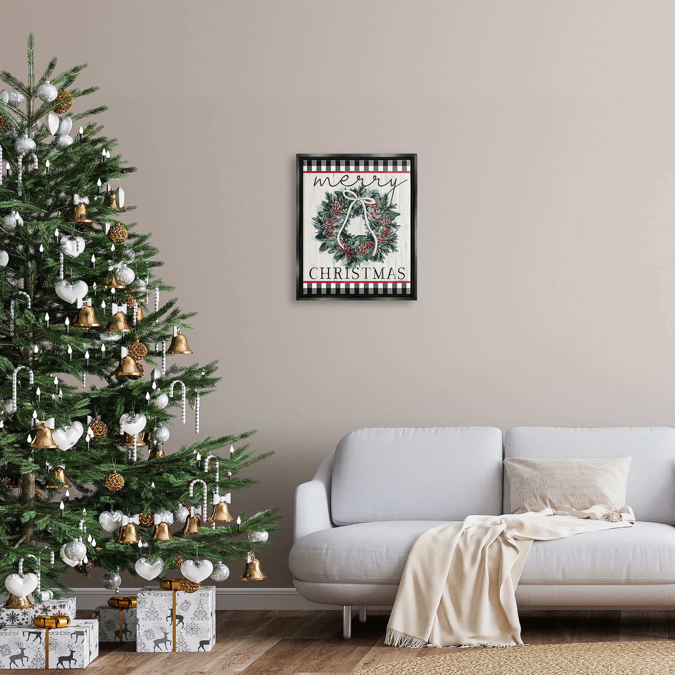 Stupell Industries Merry Christmas Tartan Wreath Graphic Art Jet Black Floating Framed Canvas Print Wall Art, Design by Elizabeth Tyndall