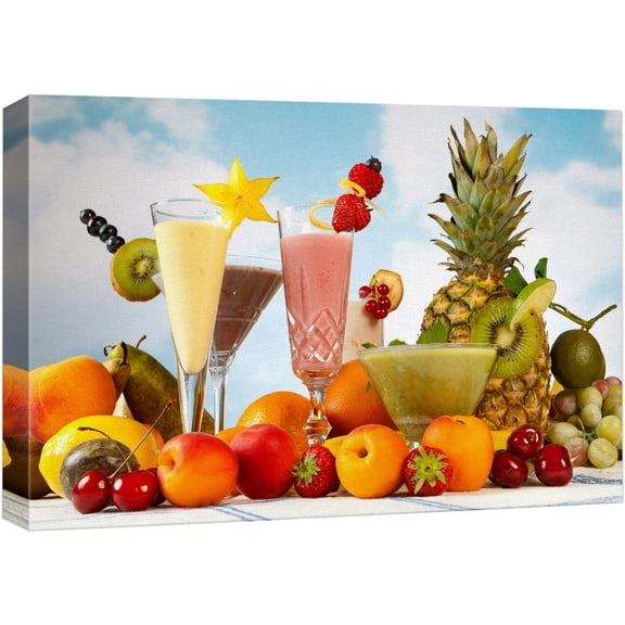 wall26 Canvas Print Wall Art Tropical Fruit Smoothies with Strawberry & Orange Garnish Fruit Food Photography Realism Chic Scenic Colorful Multicolor Ultra for Living Room, Bedroom, Office - 32&q