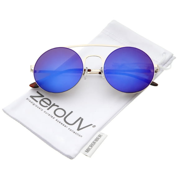 zeroUV Unisex Modern Slim Frame Double Nose Bridge Colored Mirror Flat Lens Round Sunglasses (Gold / Blue Mirror) - 53mm