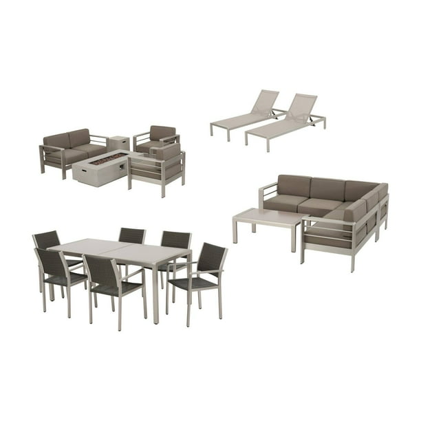 Home Cape C Aluminum 18 Piece Fire Pit Patio And Glass Top Dining Set Com Fire Pit Patio And Glass Top Dining Set, White Outdoor Patio Furniture Sets With Fire Pit