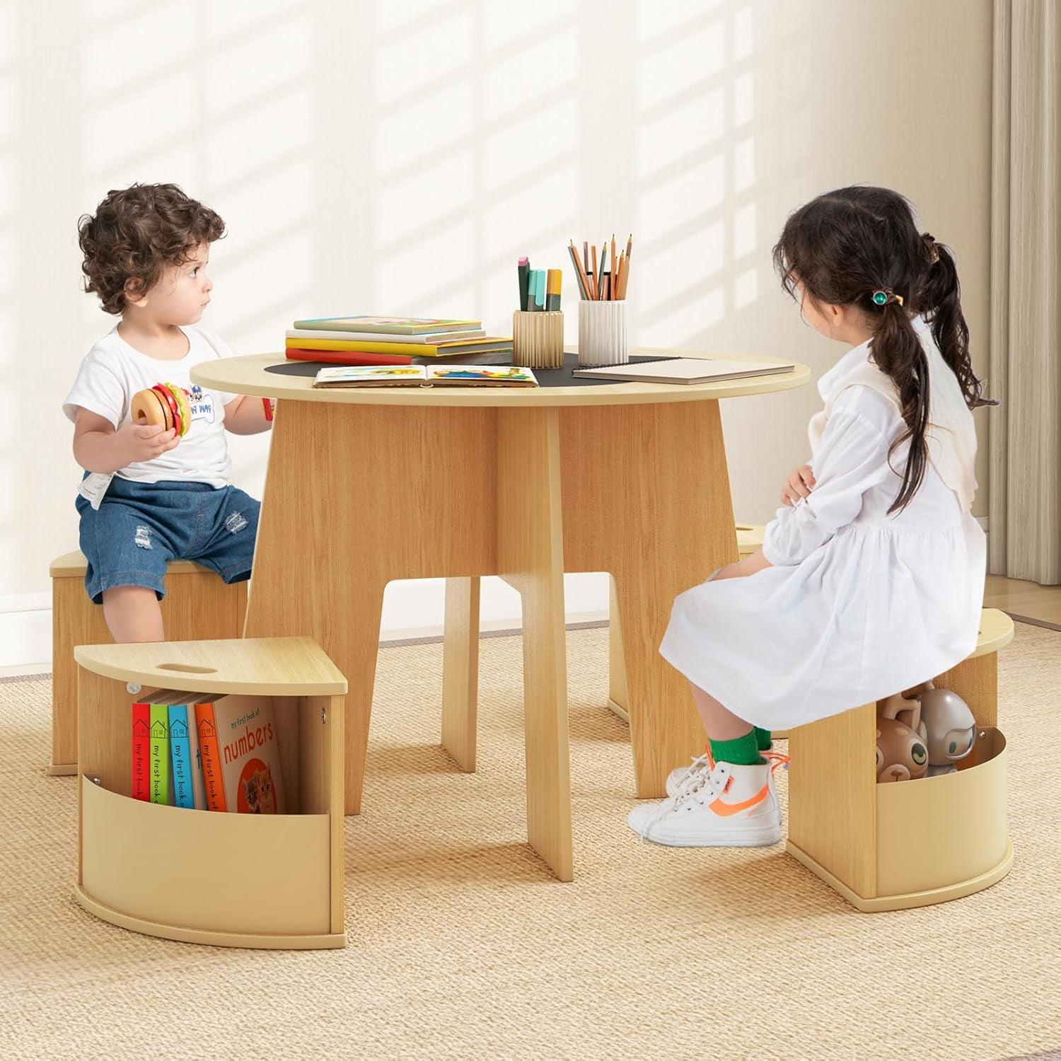 OLAKIDS Toddler Table and Chair Set with 4 Storage Stools, Wooden Flower Shaped Nesting Table with Blackboard Drawers, Children Multi-Activity Table for Art Crafts Draw Read Boys Girls 3+