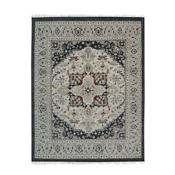 EORC Beige Hand Knotted Wool Traditional Heriz Weave  Rug, 6' x 9'