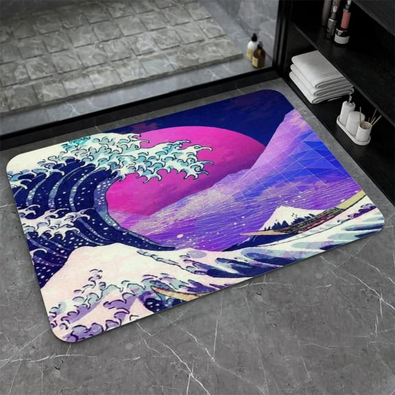 Diatomaceous Earth Bath Mat,The Great Wave Off Kanagawa Square Soft Wrinkle Free Bathroom Floor Rugs Non-Slip Volume Super Absorbent Fast Drying for Bathroom Kitchen Door mat（43cmx70cm）