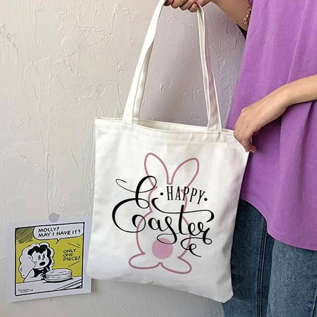 Xihbxyly Cesta de Conejito de Pascua, Lona de Algodón, Ligera y Reutilizable, Ideal para La Búsqueda de Huevos, Uso Diario, Baby Shower, Regalos Navideños, Tamaño 15,74 X 13,77 Pulgadas.