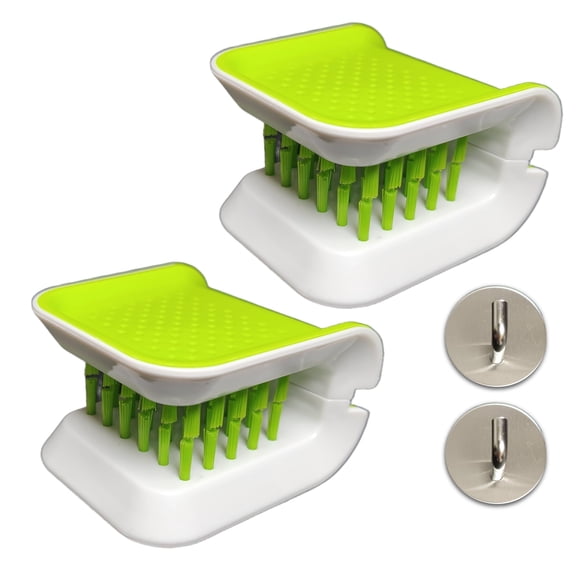 2Pcs, U-Design, Knife Cleaning Brush,Bristle Scrub for Kitchen Washing, Non-Slip, 4pcs (2Brush and 2Wall Hook),Green,Retractable, Openable (KCCB-O)