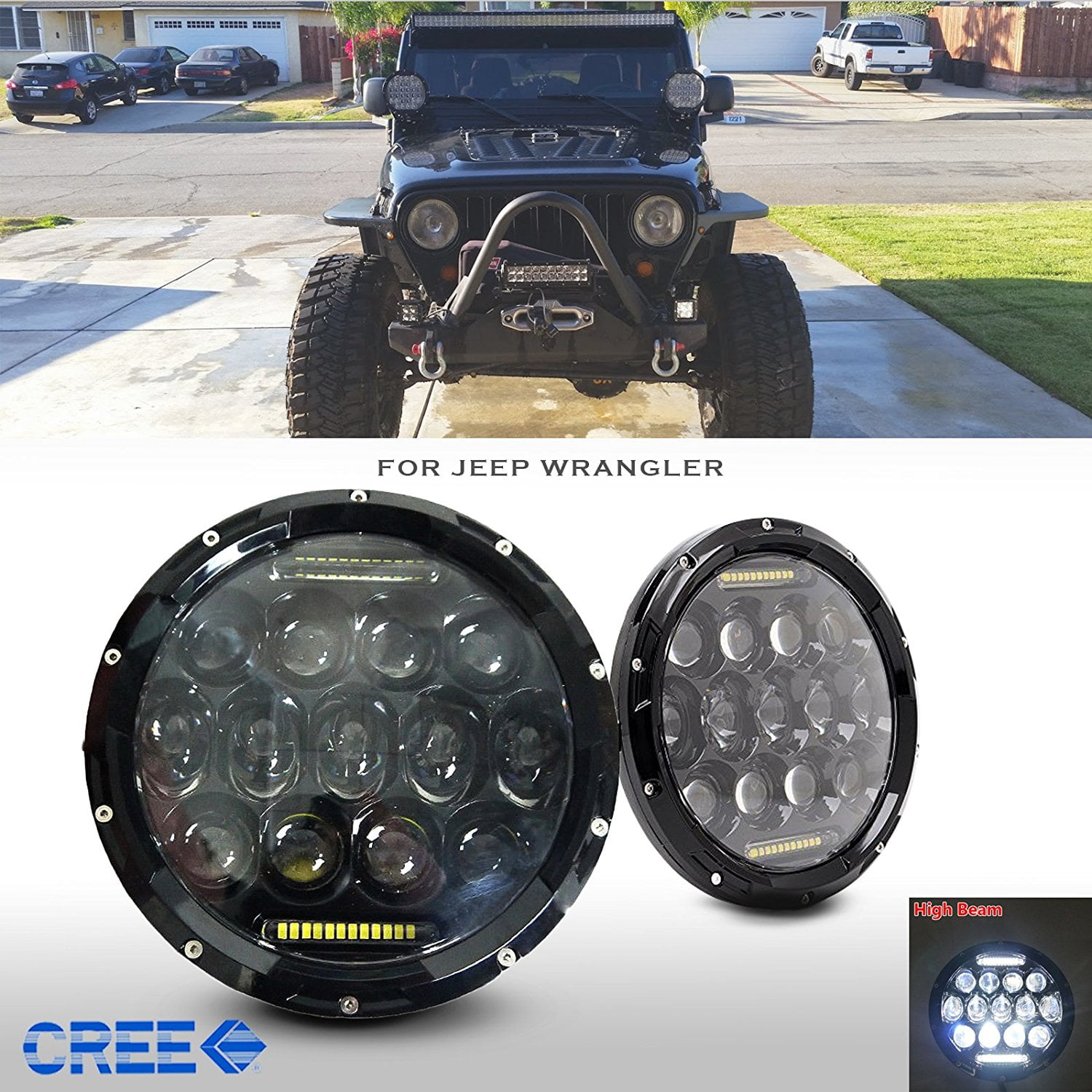 07-17 JK Wrangler Rock Crawler Black RGB LED Headlight DRL+Hi+Lo Beam+Cree LEDs 