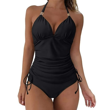 Spentoper Women s Fashionable Halterneck Solid Color Backless Strapless Bra Padded Split Swimsuit Set Black L