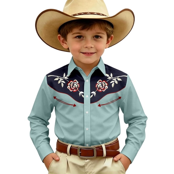 Hiijoy Long Sleeve Western Shirt for Boys Cowboy Comfortable Button Up Shirt, Sizes 4-5