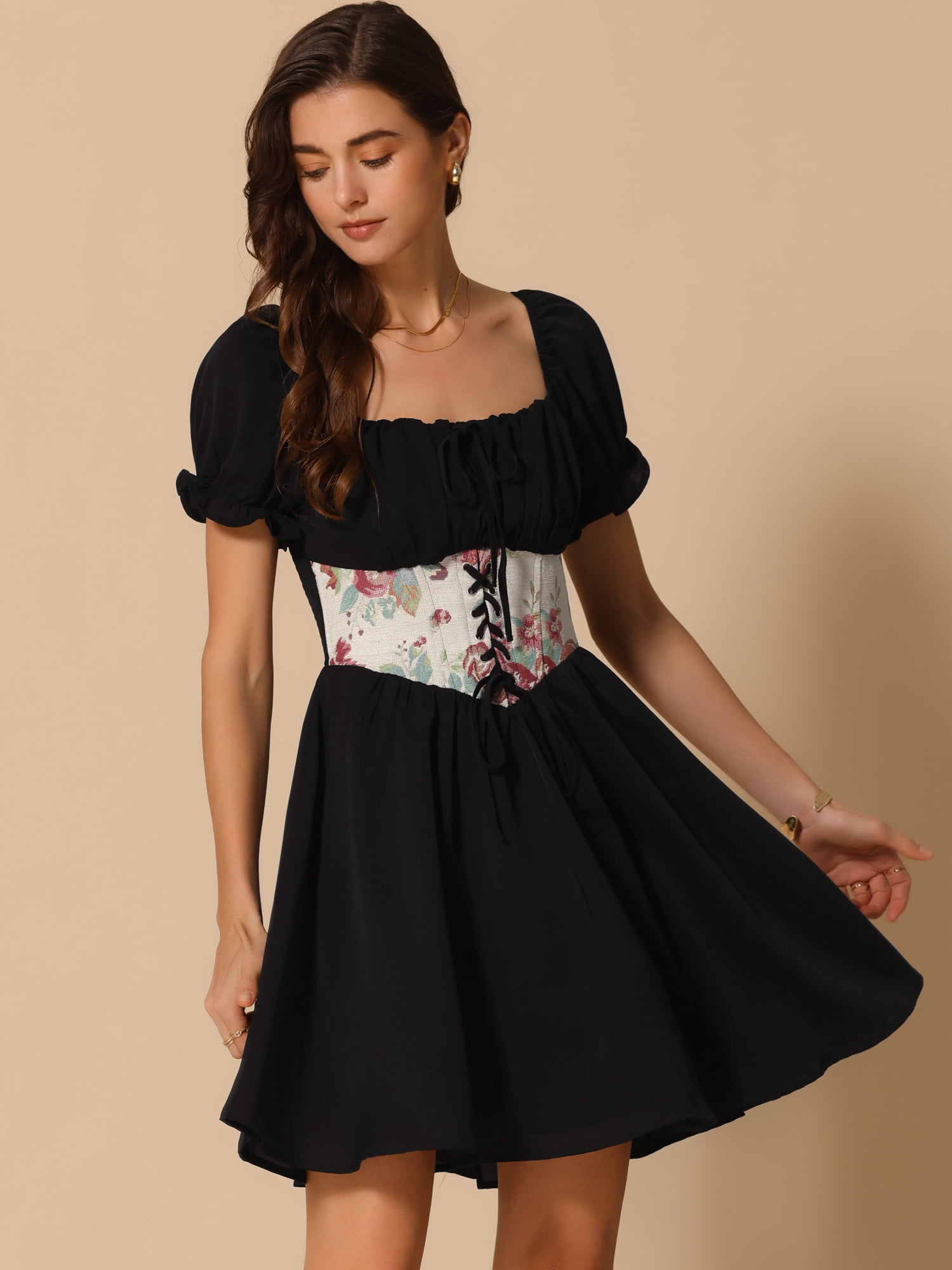 DARING DIVA Corset Short Square Neck Puff Sleeve Floral Lace Up Dress S Black