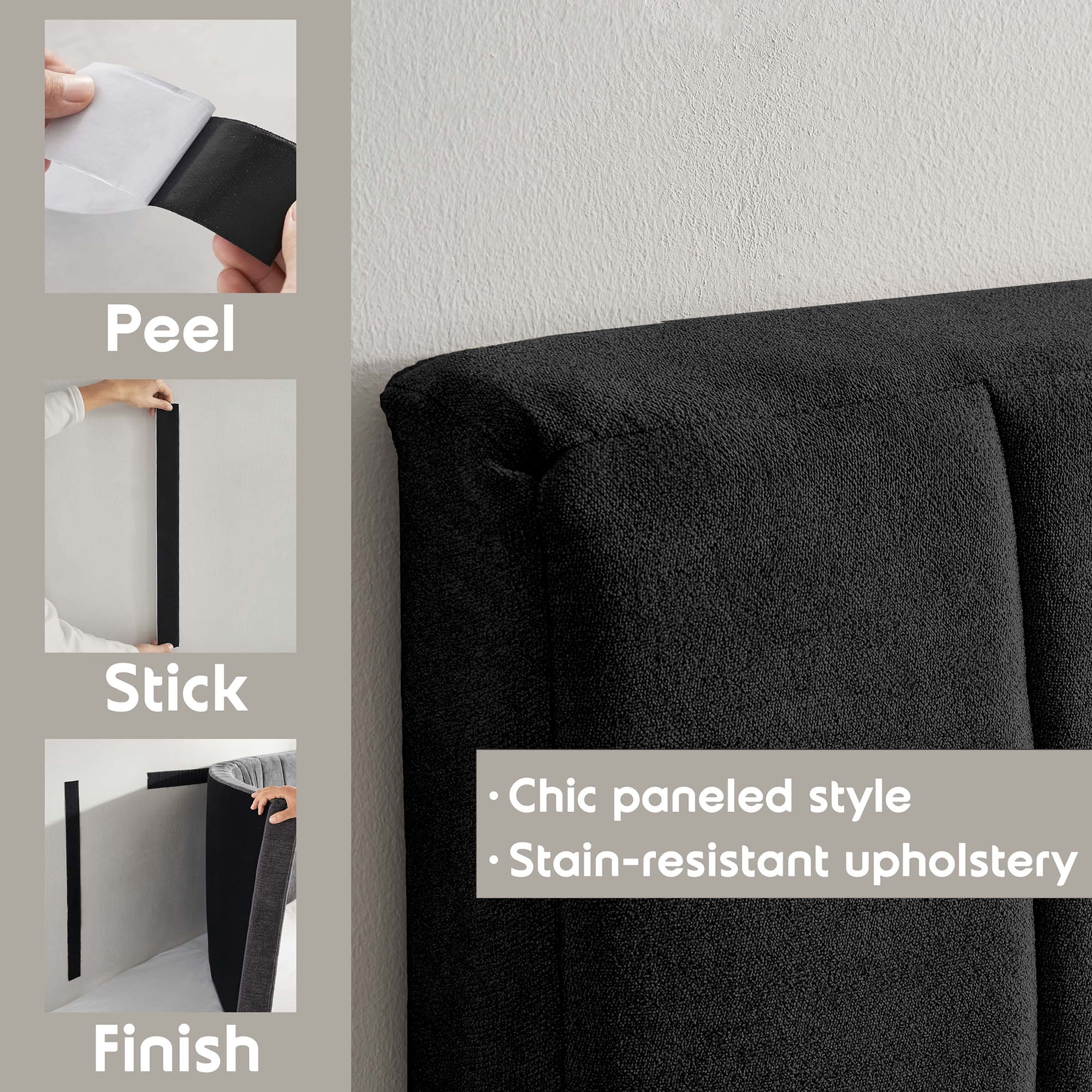 Virtu Upholstered King Headboard No Tools Required Peel and Stick Bed Headboard Only, Black