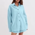 thumbnail image 6 of 2 Piece Linen Outfits for Women Fall Spring Long Sleeve Button Up Shirt and Elastic Waist Shorts Set Travel Clothes (XL, Sky Blue), 6 of 7