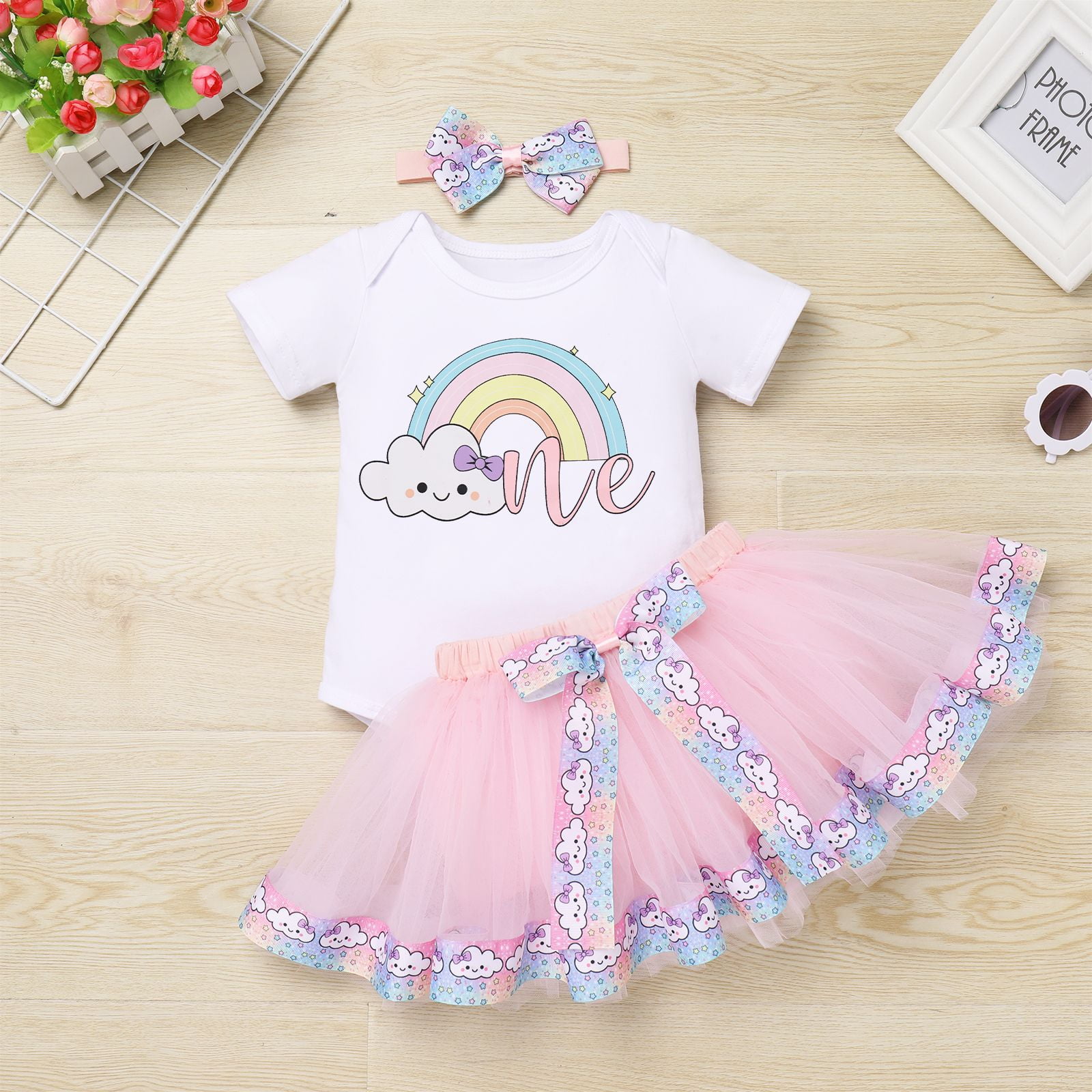 IBTOM CASTLE Infant Baby Girls 1st Birthday Outfits Short Sleeve Romper + Tutu Skirt + Headband 3PCS Set for Cake Smash Photoshoot 1 Year Pink
