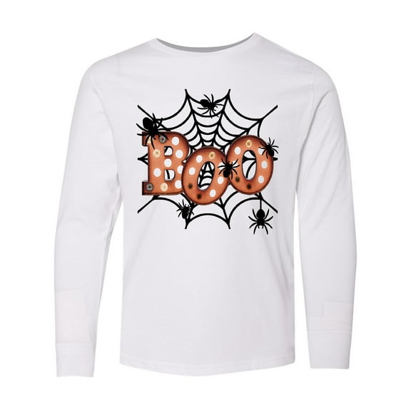 Inktastic Halloween Boo with Spiders in Web Long Sleeve Youth T-Shirt