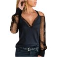thumbnail image 1 of Top de manga larga con hombros descubiertos y costuras de malla con escote en V informal a la moda para mujer Pompotops  gfhjh21862, 1 of 8