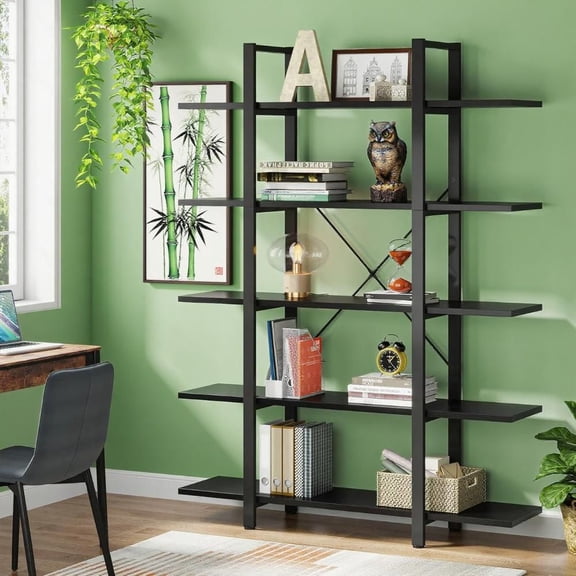 Bookshelf, Vintage Industrial Style Bookcase, 72'' High, 5 Shelves, Black