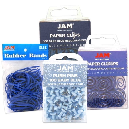 JAM Paper Office Supply Assortment, Blue, 4/Pack, 1 Rubber Bands, 1 Push Pins, 1 Paper Clips & 1 Round Paper Clips