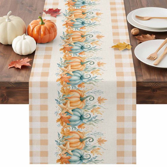 Fall Harvest Table Runner, Blue Blue Pumpkins Starfish Maple Leaf Orange Plaid Washable Cotton-linen Table Runners Dining Kitchen Decoration for Everyday Home Wedding Party Decor, 13 x 36 Inch