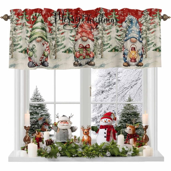 Christmas Gnome Snow Tree Valances for Windows,Kitchen Valance Rod Pocket Short Curtain,Winter Snowflakes on Red Valance Curtain Window Valances for Bedroom 54x18in