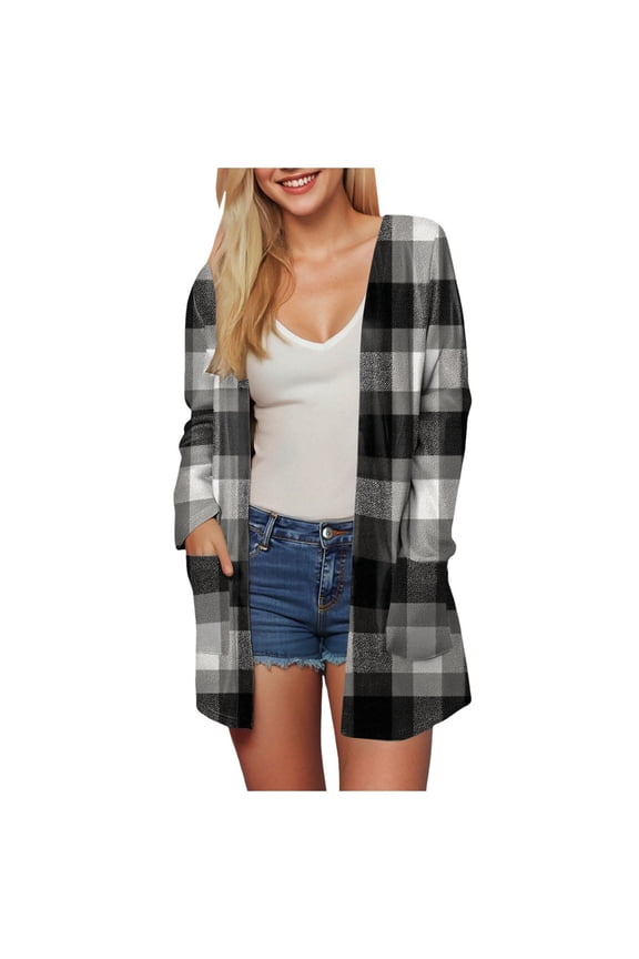 Women's Open Front Long Cardigan Draped Snap Buffalo Plaid Shirt Kimono Cardigan Knit Sweater (Black, XXL)