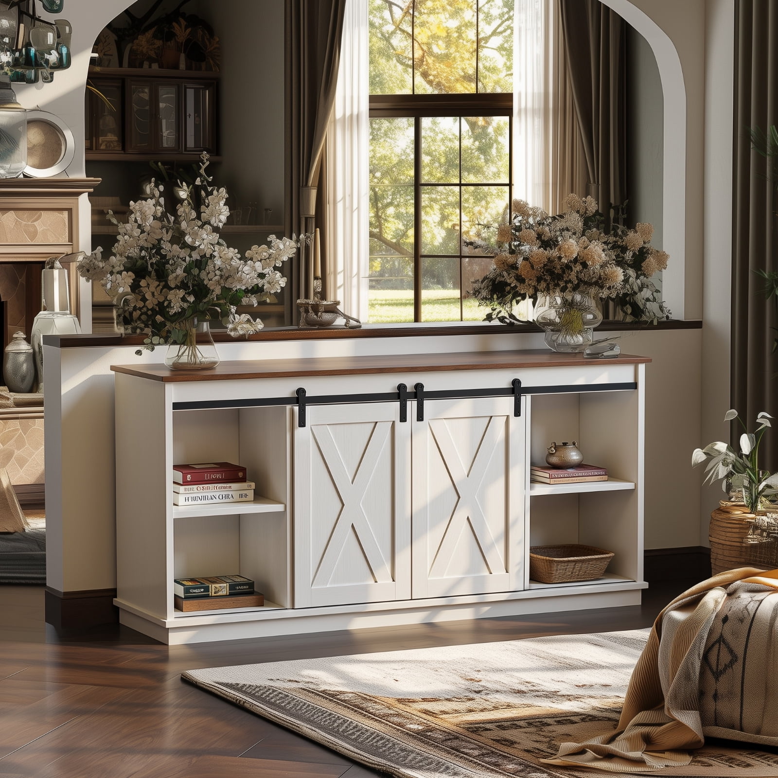 GIANNA TV Stand for Televisions up to 65 Inch, Entertainment Center with Sliding Barn Doors, Storage Cabinets and Media Shelves, Living Room Console Table, White