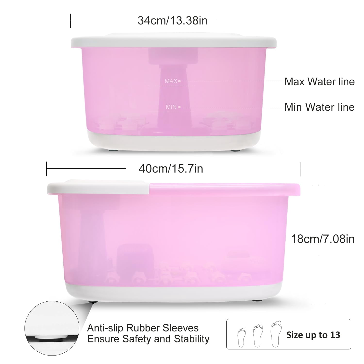 Foot Spa Bath Massager with Heat Bubbles Vibration Jets Red Light 22 Rollers Adjustable Temp Pink