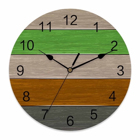 Wall Clock Green Brown Wood Grain Clocks PVC Silent Non-Ticking Battery Operated Decorative Farm Barn Wooden Stripes Round Clock for Home Living Room Kitchen Bedroom Office School Wall Decor 10 Inch