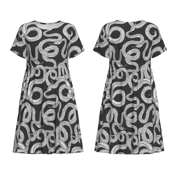 Horeoi Snake Print Women's Short Sleeve Dress Breathable Polyester-Spandex All-Over Print A-Line Side Pockets Elastic Waist