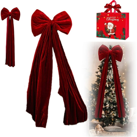 Extra Large Christmas Tree Topper Red Velvet Bow, 15 * 78in Oversized Giant Burgundy for Xmas Tree, Long Satin Ribbon Velvet Bow for Christmas Trees, for Indoor Outdoor ﻿ (110cm/43.3cm)