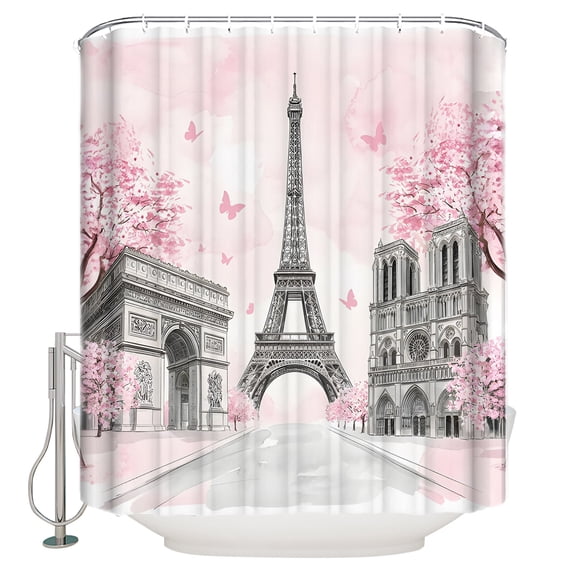 Paris Eiffel Tower Bathroom Shower Curtains with 12 Hooks Waterproof Shower Curtain for Stalls and Bathtubs Pink Cherry Blossom Romantic Flowers Decorative Bathroom Privacy Curtain 36x78 Inches