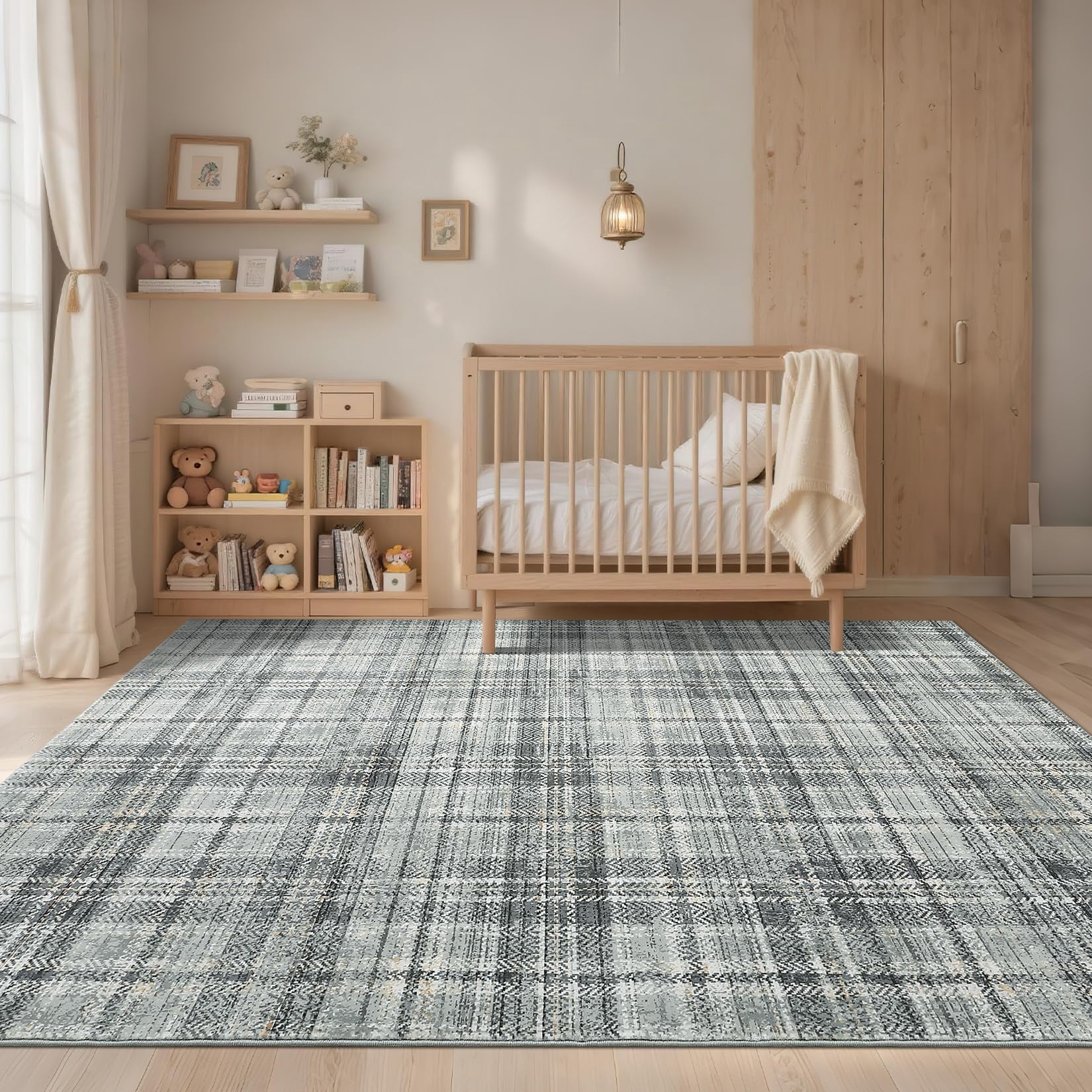 4'x6' Washable Tartan Plaid Area Rug, Non Slip Non Shedding Stain Resistant Soft Pearl Velvet Indoor Rug, Luxury Plaid Floor Mat for Living Room Bedroom Nursery Office, Green