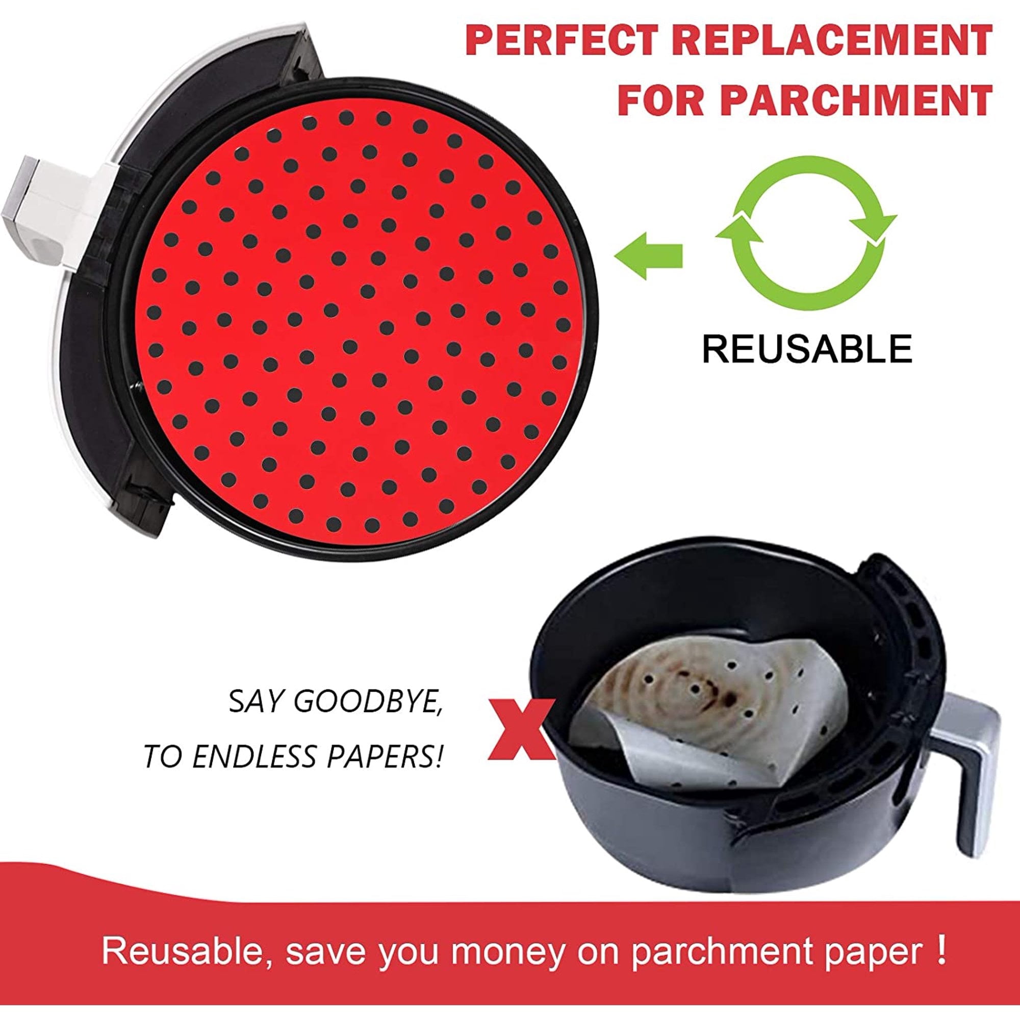 LEERUI 2 PCS Reusable Air Fryer Liners, 8/9 Inch Round Perforated Air Fryer  Basket Silicone Mats Non-Stick,Red Black 