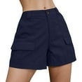 thumbnail image 4 of Cargo Shorts Women Elastic Mid Rise Outdoor Hiking Athletic Button Twill Denim Knee Bermuda Plus Size Casual Lady Clothes W/Pockets Navy S 5" Inseam, 4 of 5