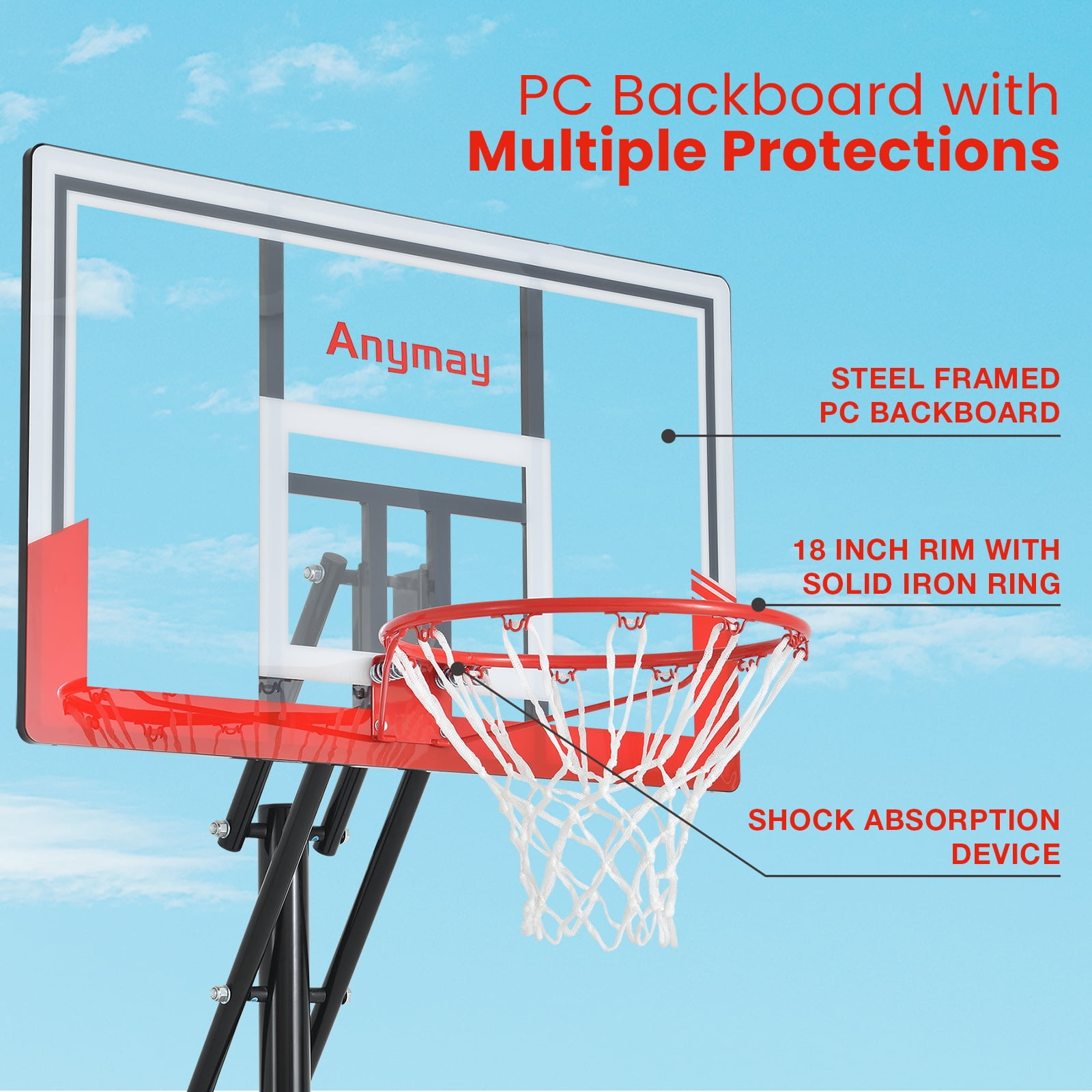 Anymay Basketball Hoop Outdoor with 44 Inch Backboard，5.3-10FT Height Adjustable Basketball Hoop Goal System