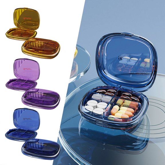 Dianli Travel Tablet Organizer 6 Compartment Mini Pill Box Crystal Medicine Case Waterproof Sealed Weekly Medication Holder for Purse Pocket Blue Purple Yellow 10.5x8.1cm