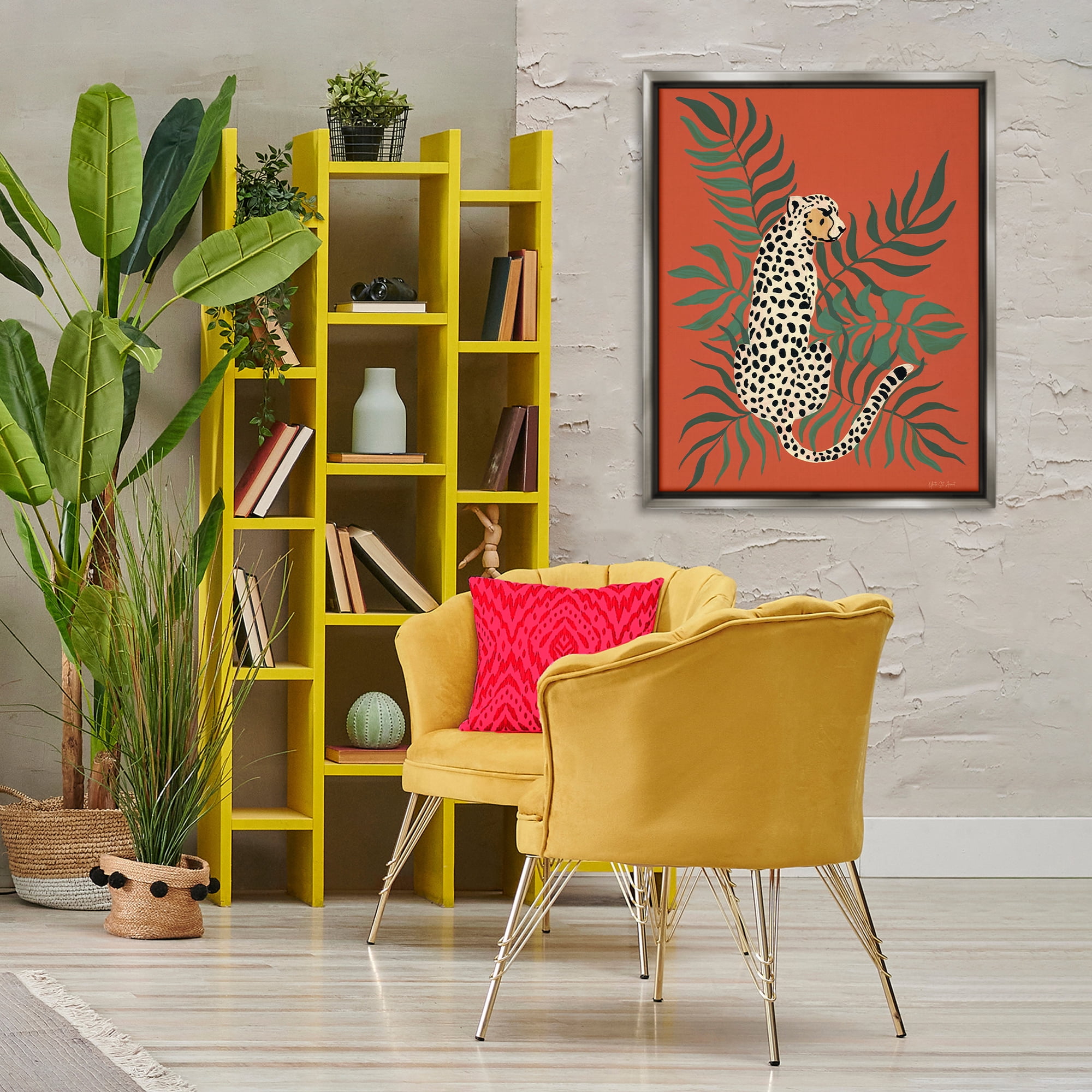 Stupell Industries Leopard & Palm Leaves Animals & Insects Painting Gray Floater Framed Canvas Art Print Wall Art, 25 x 31