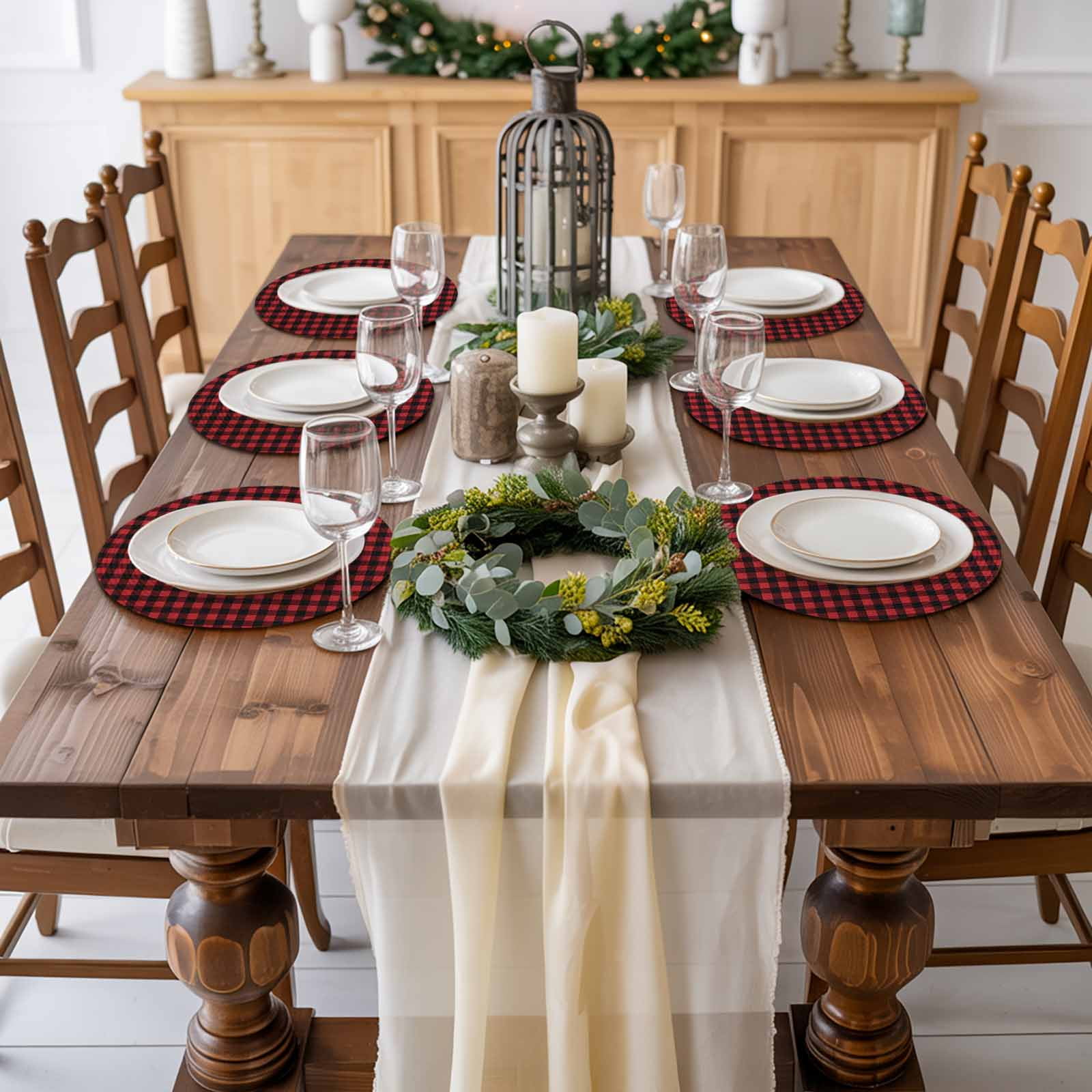 Round Woven Placemats set of 6, Rustic Red Black Buffalo Check Plaid Pattern Washable&Heat Resistant Plastic Wipeable Placemats for Round Table Christmas Kitchen Dining Table Decor, 13in,