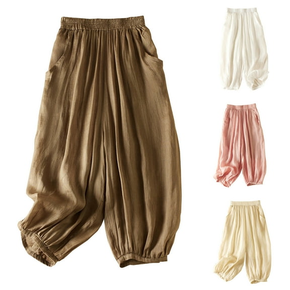 FRSASU Women's Solid Color Casual Loose Lazy Fine Ramie Fashion Cropped Pants Double Bloomers White XL(XL)