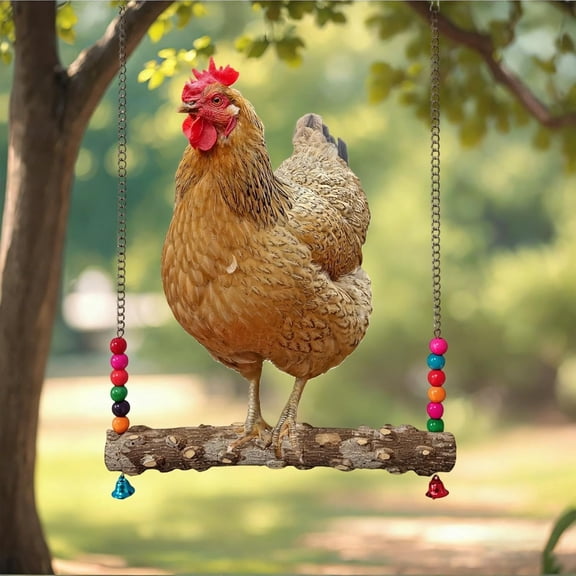 Wooden Chicken Coop Swing with Bells, Poultry Perch Toy